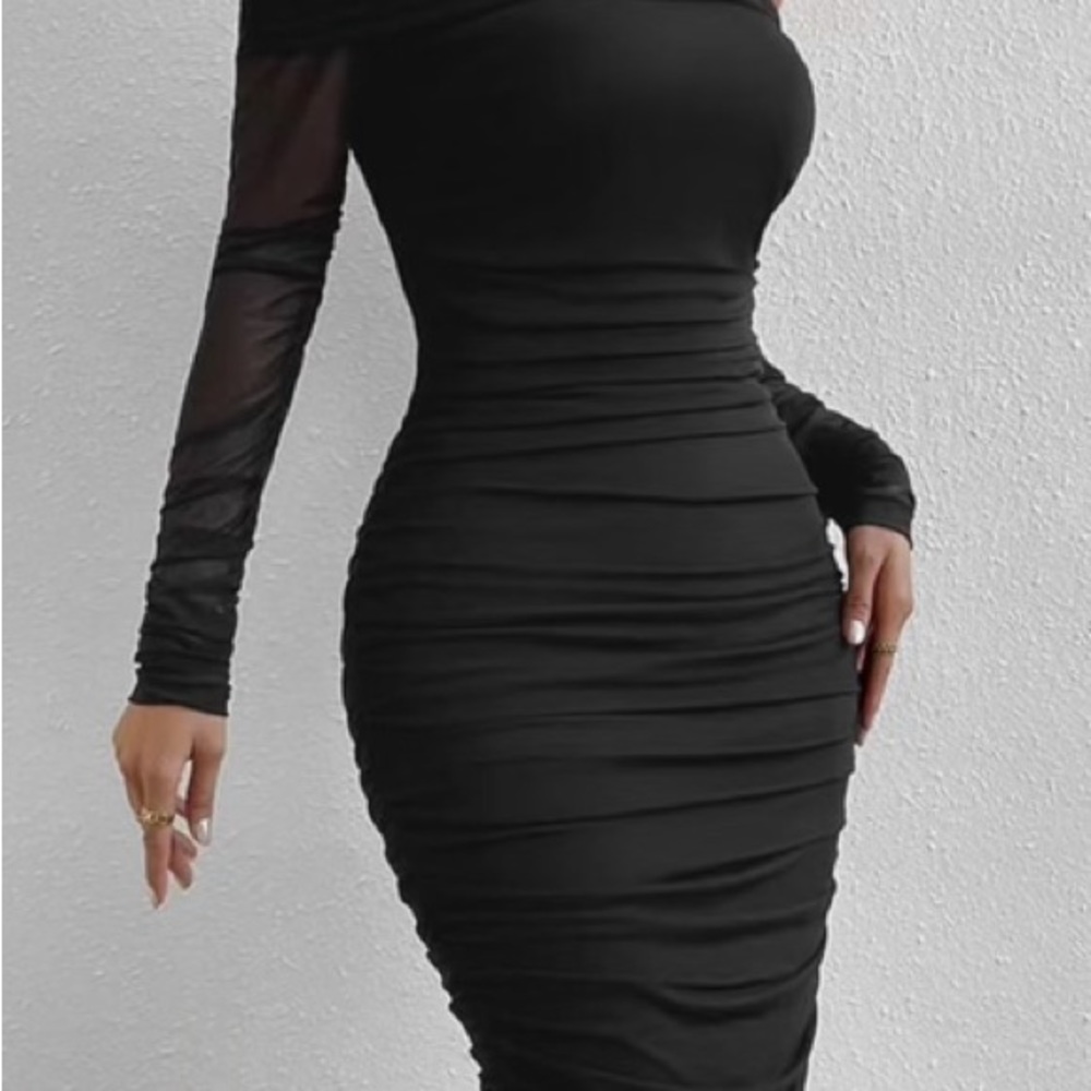 NEW WOMEN’s POFASH sexy sleeveless mesh ruched bodycon dress SIZE S